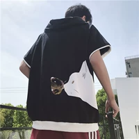 Mùa hè ulzzang vài đội mũ trùm đầu t-shirt ngắn tay nam đội mũ trùm đầu năm điểm tay áo bf trai Harajuku phong cách ngắn tay áo len phụ nữ áo hoodie đẹp