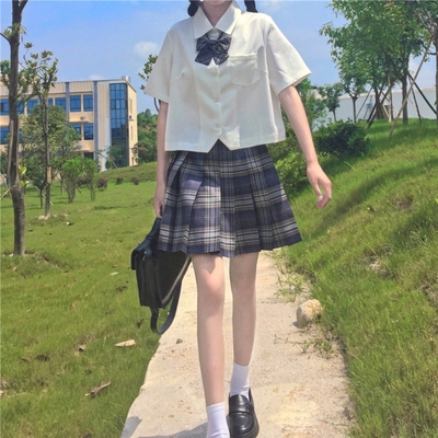 taobao agent Japanese base summer short student pleated skirt, white sexy top, with short sleeve