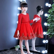 Cô gái mùa xuân màu đỏ dài tay trẻ em hoa cô gái ăn mặc đám cưới tutu váy thêu sinh nhật công chúa váy quần áo hiệu suất