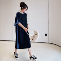 Plus size women's loose t-shirt dress 2023 summer Korean version new niche design color-blocked over-the-knee short-sleeved dress