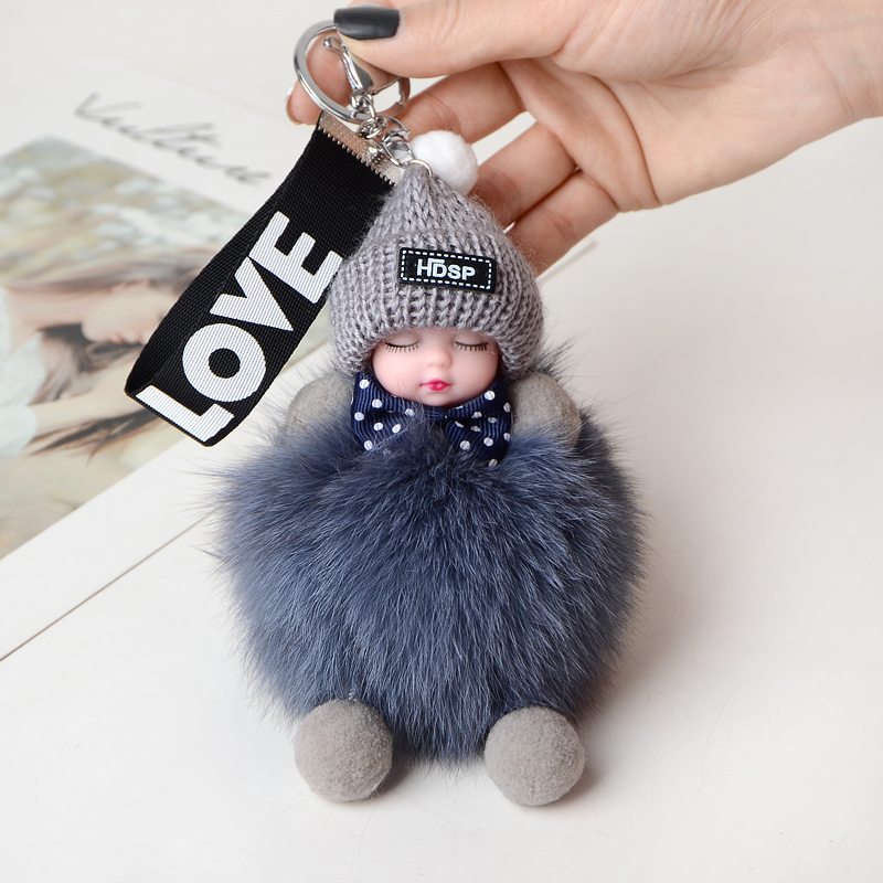 Medium Greylovely sleep doll Bag Pendant knapsack Hanging decoration Real hair Fox  Hairball automobile Key buckle Plush doll
