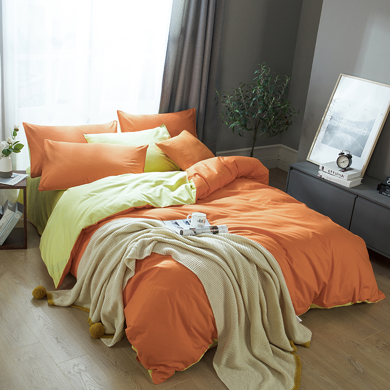 Bright Orange + Yellowviolet Cotton pure cotton Solid color Four piece suit bedding article sheet Quilt cover monochrome Spring and Autumn sheets bedding summer