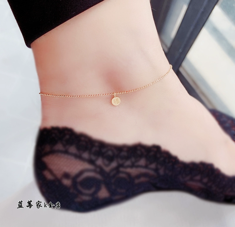 Vòng chân vàng nguyên chất Hàn Quốc 14k Vàng đơn giản sáng bóng hạt gạo Mặt dây chuyền thương hiệu may mắn Phụ nữ vòng chân - Vòng chân