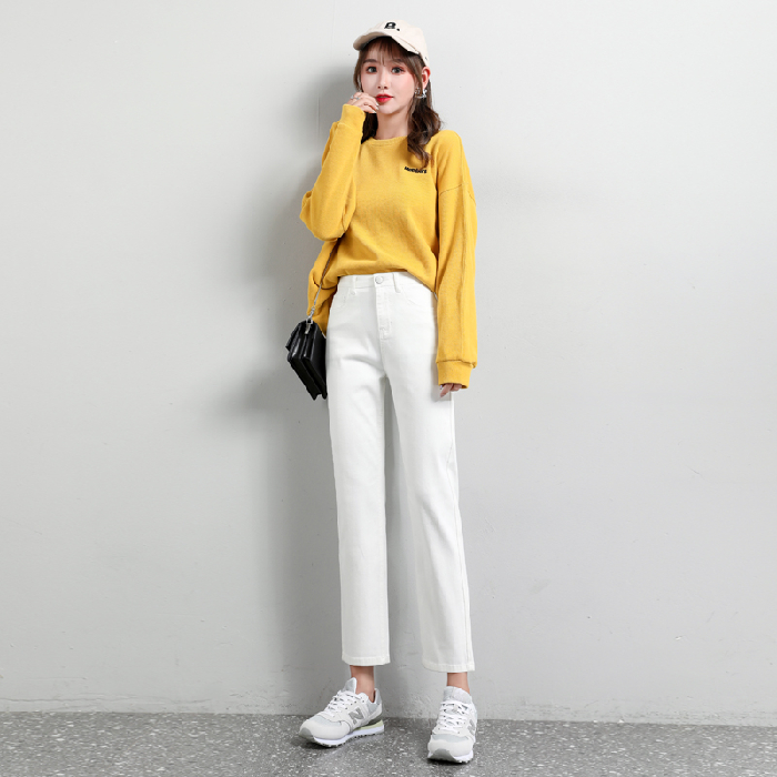 White [Normal Leg Capris]Straight pants female 2021 new pattern Hot money summer High waist Split Jeans Thin little chap Eight points Pipe pants