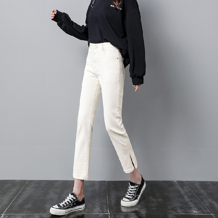 Apricot [Capris]Straight pants female 2021 new pattern Hot money summer High waist Split Jeans Thin little chap Eight points Pipe pants