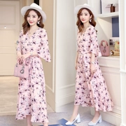 Phụ nữ mang thai ăn mặc mùa hè dress 2018 new floral ren V-Cổ ngắn tay cao eo voan trên đầu gối phụ nữ mang thai váy dài mùa hè