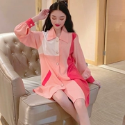 Mùa thu 2019 mới của phụ nữ thời trang lỏng lẻo khâu áo sơ mi dài tay màu hồng trong phần đầm dài thon - Váy eo cao