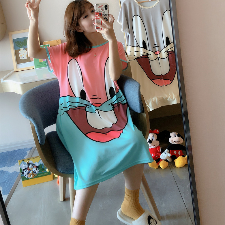 Pink Myna SkirtNightdress female summer Thin Short sleeve pure cotton Princess style Korean version easy Big size pregnant woman pajamas Spring and autumn days leisure wear