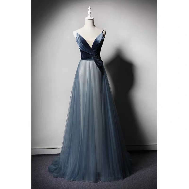 Velvet evening dress for princess, long skirt, lifting effect, V-neckline, maxi length