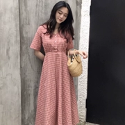 Mùa thu và mùa đông Hàn Quốc tính khí mỏng kẻ sọc V-Cổ ngắn tay ăn mặc nữ sinh viên giản dị A-từ đu lớn váy váy dài