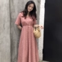 Mùa thu và mùa đông Hàn Quốc tính khí mỏng kẻ sọc V-Cổ ngắn tay ăn mặc nữ sinh viên giản dị A-từ đu lớn váy váy dài đầm xòe