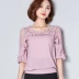 Trung niên T-shirt nữ mùa hè ăn mặc của phụ nữ ngắn tay áo 30-40 tuổi mẹ nạp Hàn Quốc phiên bản của lỏng kích thước lớn ren voan áo sơ mi mẫu áo sơ mi nữ Áo sơ mi chiffon ren