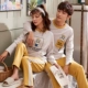 Cặp đôi đồ ngủ cotton nữ dài tay mùa xuân thu đông nam phim hoạt hình Hàn Quốc tươi và lỏng lẻo phục vụ nhà hai mảnh - Bộ Pajama