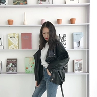 2019 mùa thu mới sang trọng phiên bản Hàn Quốc của bf fan da đen lỏng lẻo xe cỡ lớn áo khoác da học sinh nữ - Quần áo da áo da lót lông