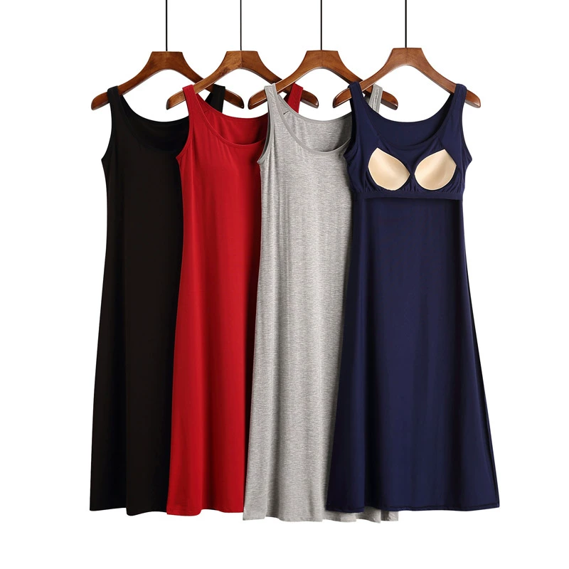 Modal Nightdress with Chest Pad Women Summer Free Bra Bra Cup Tay áo Vest dài Mặc trang phục mỏng - Đêm đầm