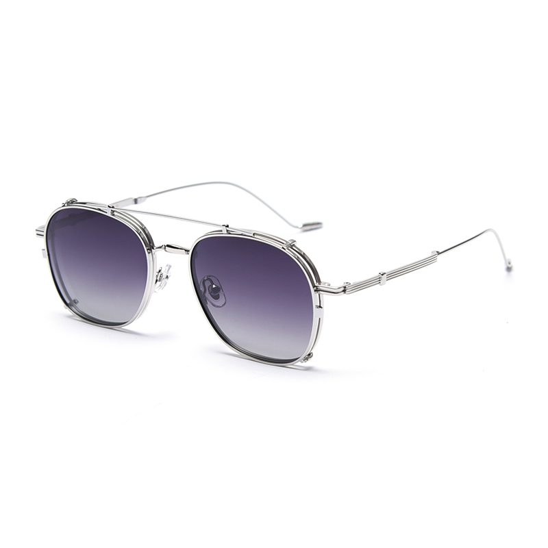 Silver Frame Gradient Grey & Anti Blue Light LensKris Same Sun glasses male Metal Retro myopia Sunglasses female tide Street shot Polarized light Clip double-deck Internet celebrity