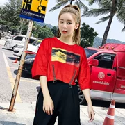 Áo nữ mùa hè 2019 mới ngắn cạp cao thắt lưng phiên bản Hàn Quốc của cotton hoang dã áo thun rộng tay ngắn nữ in triều - Áo phông
