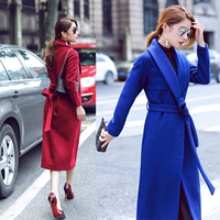 Áo len siêu dài len áo khoác vành đai áo len mới mỏng Hàn Quốc phiên bản của vòng eo thắt lưng đầu gối là mỏng nữ áo dạ nữ dáng ngắn
