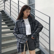 Ngắn trước áo dài lỏng thời trang Nhật Bản nữ mới 2019 bong bóng dài tay áo POLO cổ áo kẻ sọc - Áo sơ mi dài tay