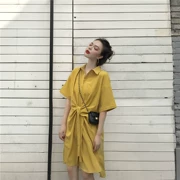 Mùa hè Hàn Quốc chic loose ve áo đơn ngực áo dài gấp thắt nút màu rắn ngắn tay đầm nữ
