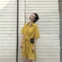 Mùa hè Hàn Quốc chic loose ve áo đơn ngực áo dài gấp thắt nút màu rắn ngắn tay đầm nữ sơ mi cổ vest
