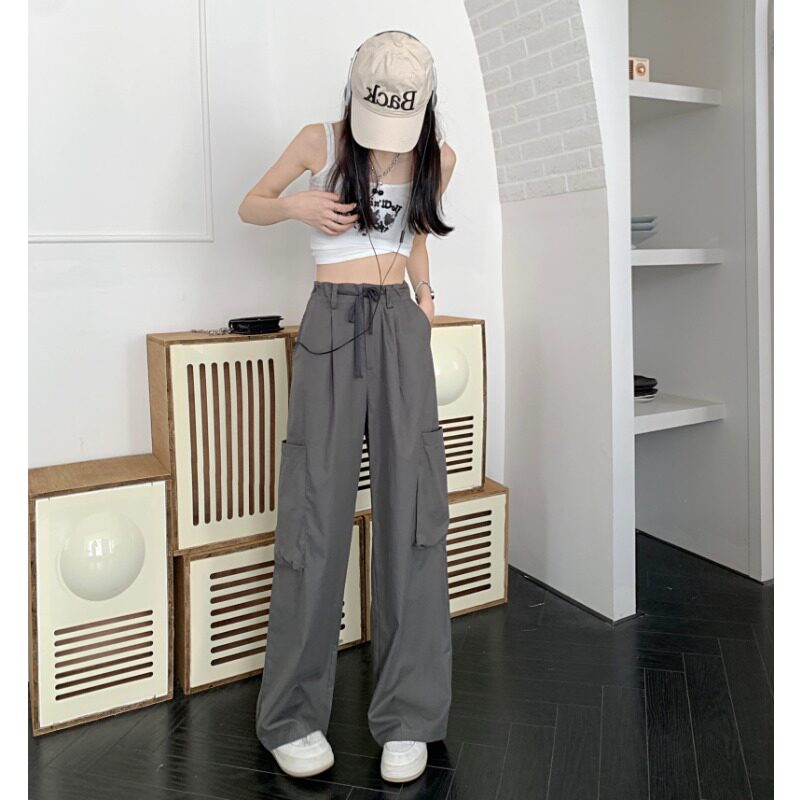 Autumn grey wide-leg casual pants for petite women, high-waisted and slimming skinny workwear pants, summer straight-leg pants