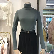 Hàn Quốc ulzzang2018 mùa thu mới màu rắn nửa cổ áo thun dài tay co giãn là áo sơ mi nữ mỏng manh