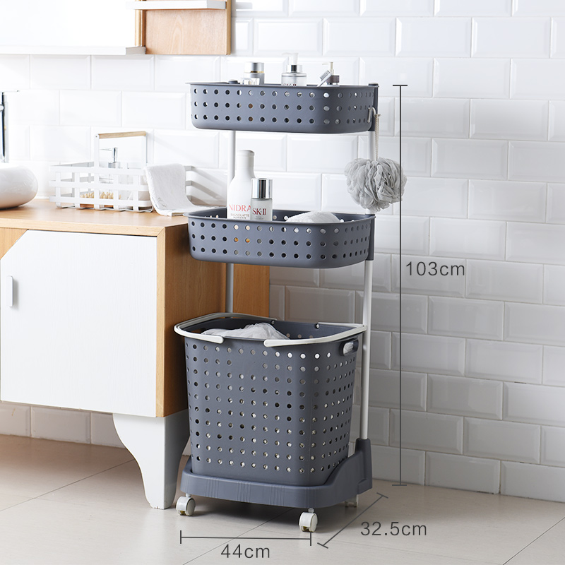 Three Layer Dark Grey UpgradeDirty clothes basket Clothing household Laundry basket Shelf Plastic Artifact Basket TOILET frame Lou bucket dirty clothes Storage basket