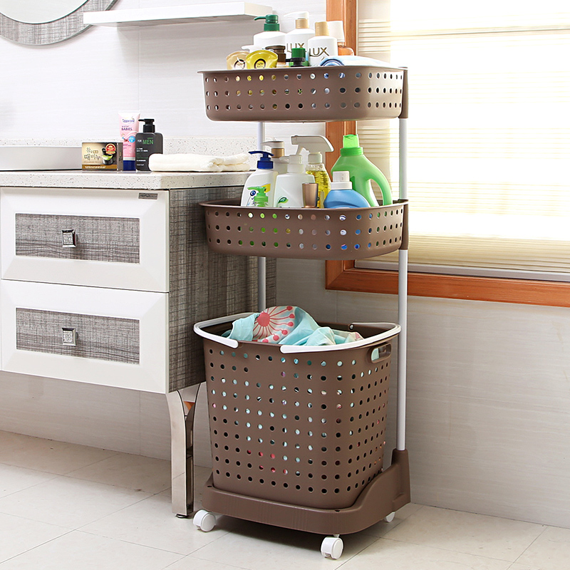 Three Layer Coffee UpgradeDirty clothes basket Clothing household Laundry basket Shelf Plastic Artifact Basket TOILET frame Lou bucket dirty clothes Storage basket