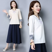 Mùa xuân 2018 mới phong cách quốc gia áo sơ mi nữ kích thước lớn Trung Quốc cotton và lanh in áo sơ mi chạm đáy áo thun 7 điểm tay áo - Áo phông