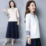 Mùa xuân 2018 mới phong cách quốc gia áo sơ mi nữ kích thước lớn Trung Quốc cotton và lanh in áo sơ mi chạm đáy áo thun 7 điểm tay áo - Áo phông áo thun tay lỡ