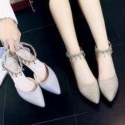 2017 mùa hè Hàn Quốc phiên bản của phụ nữ hoang dã của giày cao gót màu xám khóa khóa hollow từ khóa dép dày với đôi giày nhọn