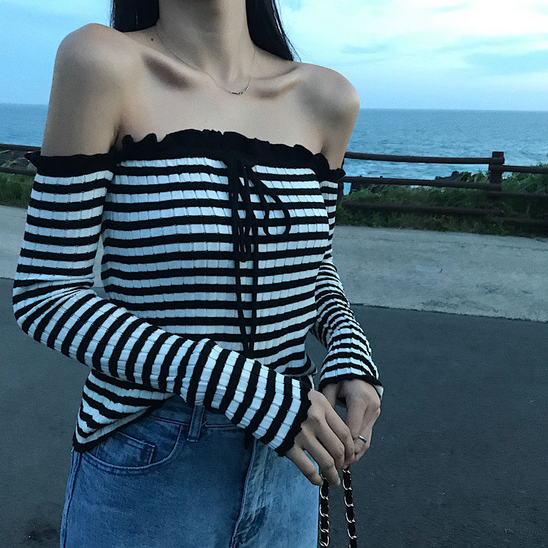 9906实拍 自制黑白条纹木耳边露肩抹胸长袖针织上衣