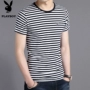 Playboy Summer ngắn tay áo thun nam giản dị cotton Hàn Quốc cổ tròn áo thun sọc mỏng quần áo - Áo phông ngắn áo thun trắng trơn