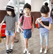 Quần áo trẻ em vừa và nhỏ 2018 mùa hè mới chàng trai và cô gái bông sọc ngắn tay T-Shirt trẻ em hoang dã áo thun