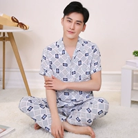 Đồ ngủ nam ngắn tay quần cotton lụa phù hợp với mùa hè thanh niên trung niên của nam giới đồ ngủ phần mỏng lỏng kích thước lớn dịch vụ nhà shop đồ nam