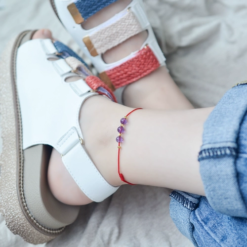 Браслет на ногу с аметистом, сексуальный браслет из красной нити, цепочка, оберег на день рождения, минифигурки, в корейском стиле, простой и элегантный дизайн