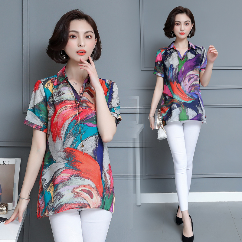 妈妈夏装中年女雪纺衫T恤短袖上衣2018新款中