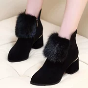 Chà dày với giày bốt ngắn nữ 2018 mùa thu đông mới Lông thỏ thật hoang dã với bốt ngắn bốt cao cổ