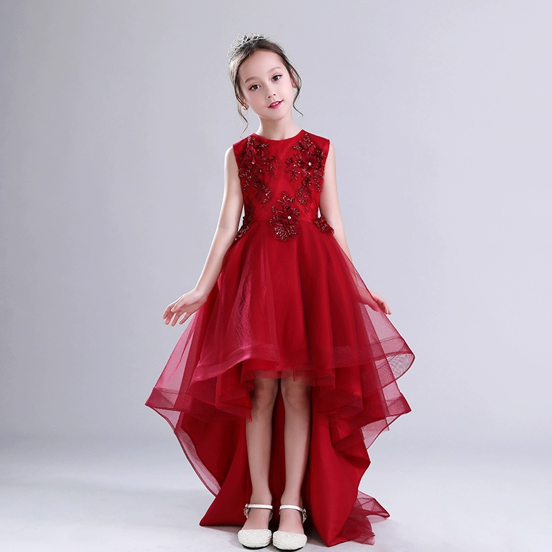 Cô gái catwalk ngắn trở lại váy dài công chúa váy trẻ em tutu váy piano váy hoa cô gái váy đỏ đuôi váy - Váy trẻ em