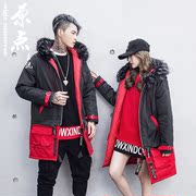 Triều thương hiệu đường phố áo khoác mùa đông nam giới và phụ nữ hip hop phần dài dày coat trùm đầu bông áo khoác những người yêu thích cổ áo lông bông quần áo