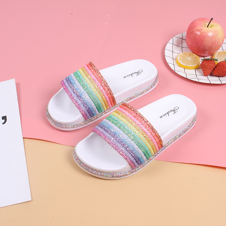 25899 Rainbow Flip Flop - WhiteHolly shark summer new pattern Korean version indoor Wear out Color matching rainbow Thick bottom slipper Leisure fashion youth Flip flop shoes