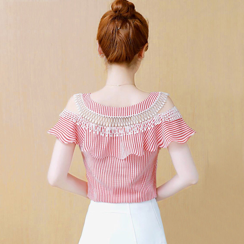 Voan áo sơ mi ngắn tay off-the-vai váy của phụ nữ mùa hè dress 2018 new ren siêu cổ tích từ nước ngoài từ bị rò rỉ vai áo sơ mi