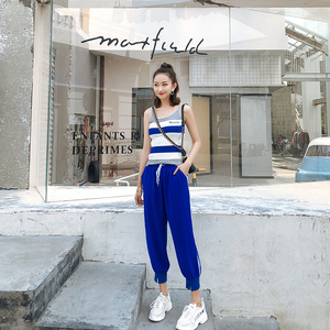 2018 Hàn Quốc phiên bản của mùa hè mới ngắn vest top + cao eo sọc bên chín điểm quần bó sát phù hợp với phụ nữ