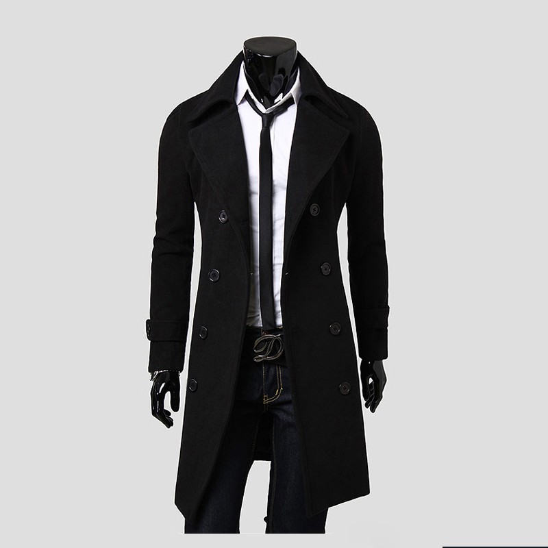 Black F68 Double Row DeductionWoolJacketWindbreakerMen " sOvercoatCashmereTrenchCoats