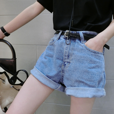 百搭裤脚卷边薄款浅色高腰阔腿牛仔短裤女夏宽松显瘦超短裤热裤潮