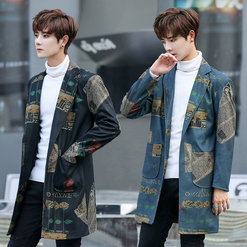 Áo gió giữa nam dài mùa xuân và phong cách nam đẹp trai áo khoác mỏng nam áo khoác xu hướng Hàn Quốc phong cách Anh - Áo gió