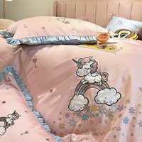 Cartoon Unicorn Bốn mảnh Cotton Cotton Cô gái dễ thương Cô gái nhỏ tươi mới Bộ đồ giường công chúa Gió - Bộ đồ giường bốn mảnh bộ ra nệm