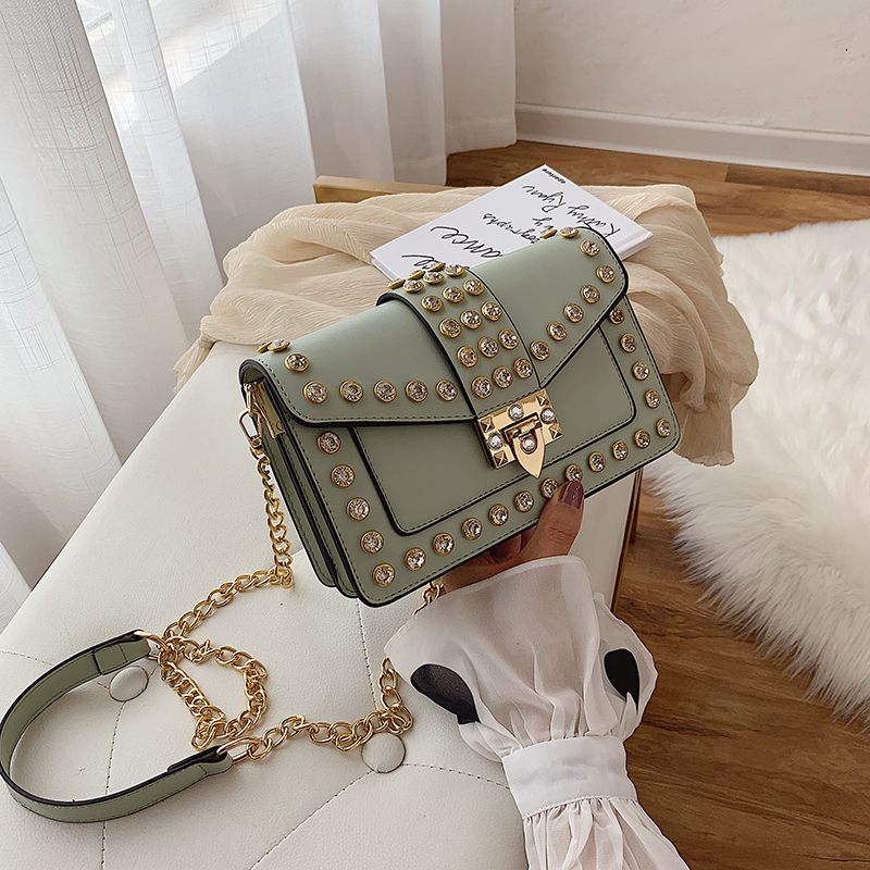 GreenShangxin Internet celebrity Advanced sense Inlaid diamond Small square bag female 2021 new pattern tide Korean version Versatile Chain package One shoulder Inclined shoulder bag
