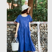 Suji Ange Thiết Kế Ban Đầu Một loại lỏng váy dài văn học retro vòng cổ màu xanh ăn mặc 2018 mùa hè ăn mặc